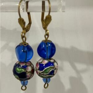 Cloisonne dangle pierced earings blue glass enamal gold deco